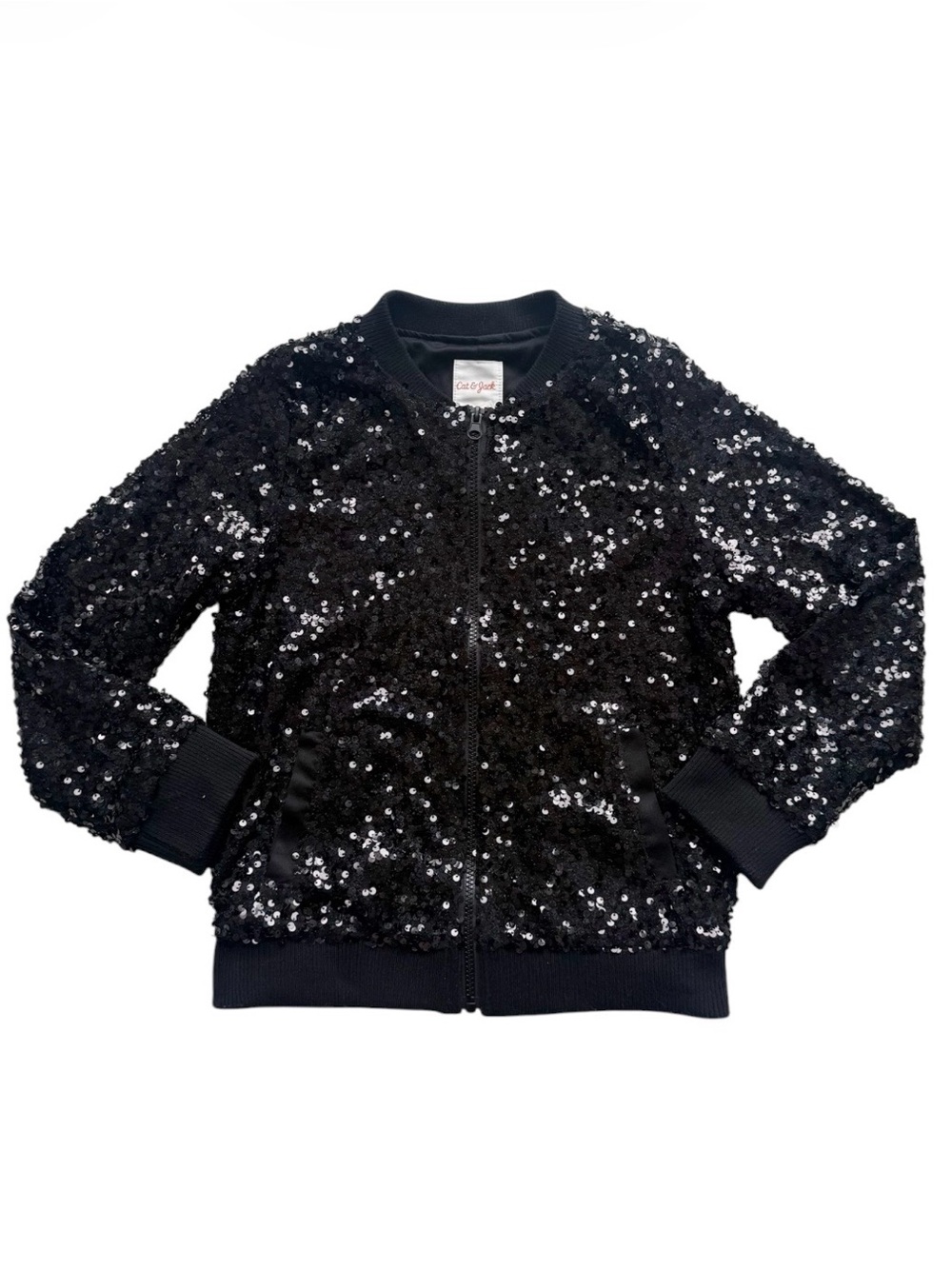 Cat & Jack Black Sequin Bomber Jacket 10/12